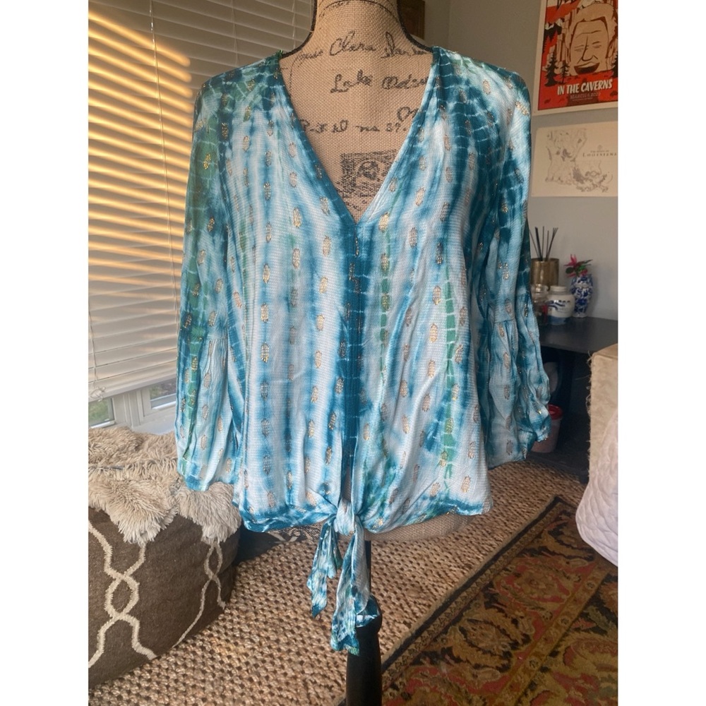 Turquoise tie dye with gold accent top
